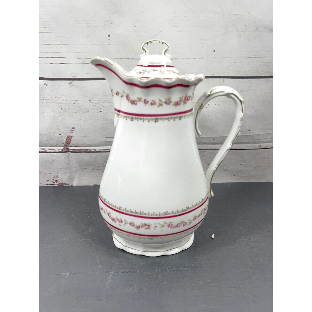 Vintage Victoria Austria Pitcher Tea Chocolate Pot W Lid White W Pink Roses EUC